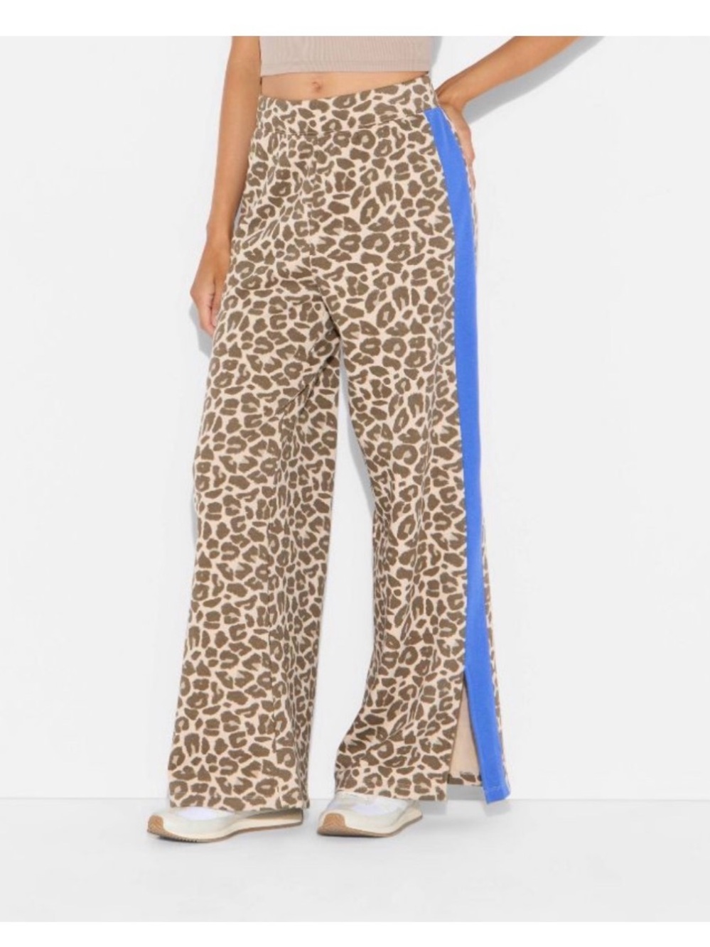 Grayson Threads Tan Leopard Wide-Leg Pants with Blue Side Stripe